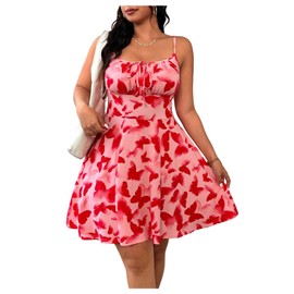 BEAUDRM Women's Plus Size Butterfly Print Dress Boho Sundress Holiday Cami Flowy Short Dresses Pink 3X-Large Plus