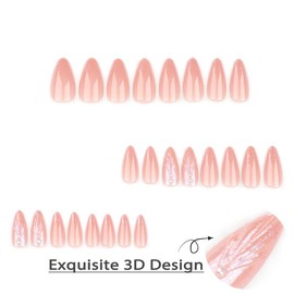 BAOYAALIN Almond Shaped Press on Nails Medium Nude Pink Fake Nails with 3D Seashell Shape Design Full Cover Press ons Artificial Acrylic False Stick on Nail for Women Manicure 24Pcs
