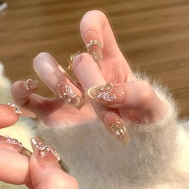 Sheepyo Nail Tips, Long, Pink, Handmade, Press-On, Longer, Cute, False Nails, Simple, Korean, Adorable, Popular, Stylish, Glossy, 3D, Butterfly, Glitter, Bride, Wedding, Entrance Ceremony, Graduation