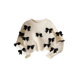 SHENHE Girl's Bow Sweater Crew Neck Long Sleeve Chunky Knit Cropped Sweater Pullover White 12Y