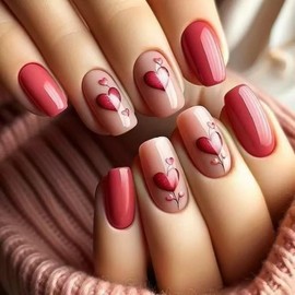 Valentine Press on Nails Medium Square Fake Nails Red Heart False Nails with Designs Solid Color Glue on Nails Full Cover Valentine Stick on Nails Acrylic Nails for Women and Girls 24Pcs