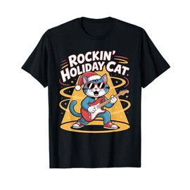 Christmas Santa Hat Cat Playing Guitar Rock and Roll T-Shirt