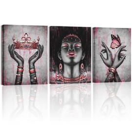 Visual Art Decor African American Canvas Wall Art Pink and Black Woman Portrait Fashion Rose Gold Black Girl Pink Bedroom Decor Framed Artwork for Home Living Room Decor (12inx16inx3Pieces)