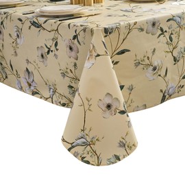 Subakvo Vinyl Tablecloth with Flannel Backing - Waterproof, Fade-Resistant, Lock-Edge, Floral & Herringbone Patterns for Dining, Parties & Outdoor Use (Floral,Beige, 60" x 102")