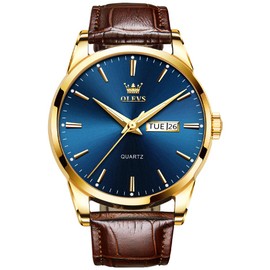 OLEVS Brown Leather Watch for Men Day Date Men Watch Fashion Business Dress Men's Wrist Watch Luminous Waterproof Men Watches Blue Big Face Watches for Men Quartz Classic Casual Male Watch