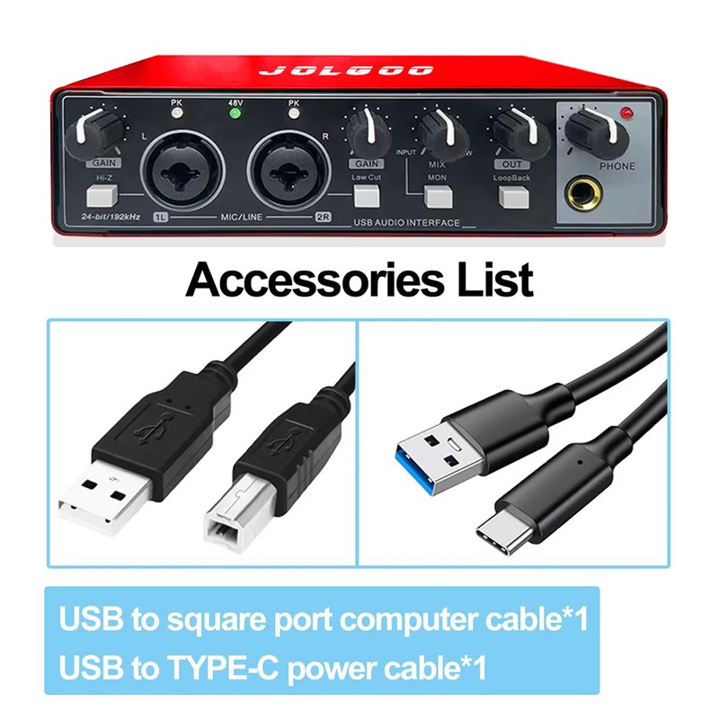 USB Audio Interface, Red 24-Bit/192kHz Plug & Play Recording Sound