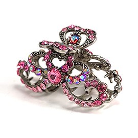 Medium Decorative Hair Jaw Rhinestone Crystal Heart & Ribbon Hair Claw Clips, Pink