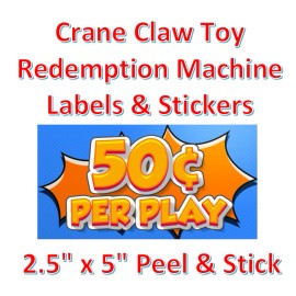vendinglabels.com Crane Claw candy vending machine Labels Sticker Decal Price CARTOON - .50, outside mount, "accepts 1's etc."