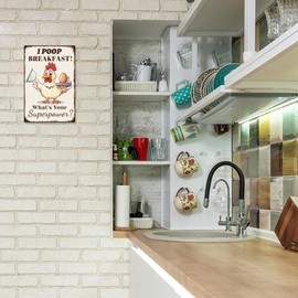 WADORN Chicken Metal Tin Sign, I Poop Breakfast! What'S Your Superpower Signs Retro Tin Sign Hanging Decor Funny Chicken Coop Poster Metal Wall Plaque Decor for Restaurants Home Decor, 11.81x7.87 Inch