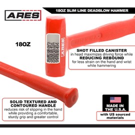 ARES 23050 – 18oz Slim Line Deadblow Hammer – Heavy Head Delivers Powerful Striking Force – Slim Profile Head Design for Greater Impact Accuracy - Made in USA