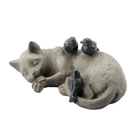 Napco Imports Decorative 11 x 7.5 Inch Indoor or Outdoor Sculpture Figurine Garden Statue Grey Sleeping Cat with Birds