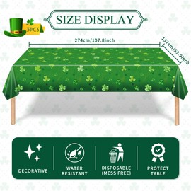 3 Pack 54 x 108 Inch St. Patrick's Day Plastic Tablecloth - Green with Assorted Shamrock Designs, Disposable Irish-Themed Clover Rectangle Table Cloth for Indoor Outdoor Table Cover Decorations