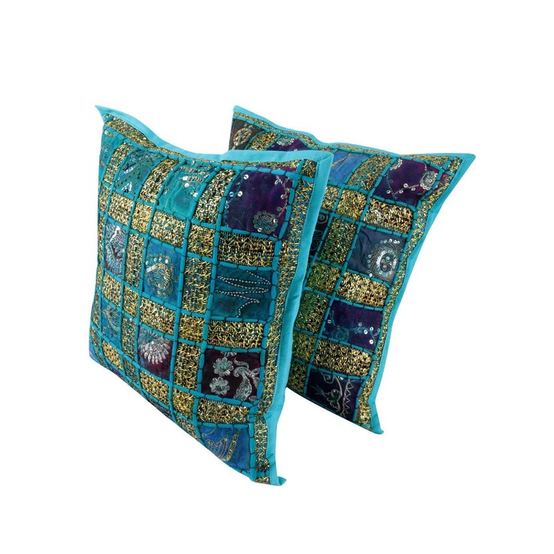 2 Yellow Embroidery Sequin Patchwork Indian Sari Throw Pillow Cases