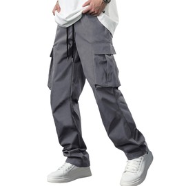 Comdecevis Men's Casual Cargo Pants Workout Joggers Stretch Sweatpants Hiking Drawstring Tactical Pants with Multi Pockets Dim Grey