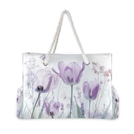 senya Flower Beach Tote Bags for Women, Purple Tulips Flowers Pastel Large Beach Shoulder Bag Pool Bags Purse, Flower 6, One Size