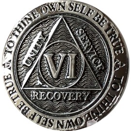 6 Year AA Medallion Gunmetal Reflex Design Serenity Prayer Chip VI Gun Metal