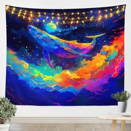 Feelyou Blue Whale Tapestry Wall Hanging Galaxy Sky Moon Tapestry for Kids Boys Girls Cartoon Whale Wall Tapestry Cloud Sky Wall Art for Bedroom Living Room,XLarge 70x92 Inches