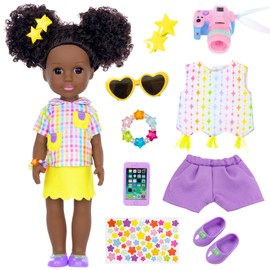 Ecore Fun 14.5 Inch Black Baby Doll, 12 Pcs Black Doll Clothes and Accessories, African Washable Realistic Silicone Girl Dolls Include Doll Clothes Shoes Phone Glasses Camera Hairpin Bracelet Stickers
