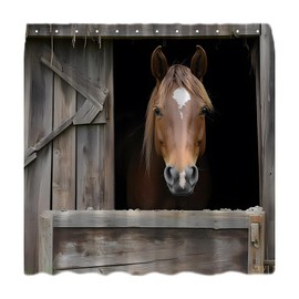 KDYDK Farmhouse Horse Shower Curtain Funny Farm Animal Rustic Barn Wooden Board Fence Garage Western Country Brown Decor Bathroom Curtain Set with Hook