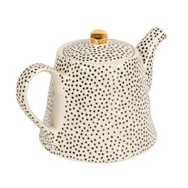White Stoneware Teapot with Black Speckles & Gold Electroplating