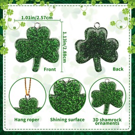 DTOFOOT 36PCS Mini Glitter Resin Shamrock Ornaments St. Patrick's Day Hanging Decorations for Tree Lucky Shamrock Charms with String Resin Hanging Pendants for Party Favors Decor
