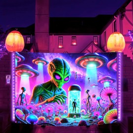 BlissYard Blacklight Alien Tapestry 78"x51" UV Reactive Alien Abduction Wall Tapestry Hanging Art Tapestry Cute Cool Alien UFO Universe Planet Psychedelic Blacklight Tapestry for Men Boys Bedroom