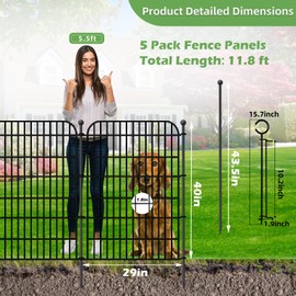 5 Panels No Dig Decorative Garden Fence with Gate for Yard, Total 11.8 ft(L) X 40 in(H) Animal Barrier Fencing for Dog, Patio Rustproof Metal Wire Panel Border, Temporary Tall Fence with Ground Stakes