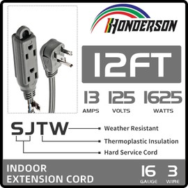 HONDERSON 3-Outlets Flat Plug Extension Cord Outlet Extender, UL Certified, Indoor Extension Cord 16 Gauge 12FT Grey 3 Prong, 16/3 SPT-3 13A Power Strip
