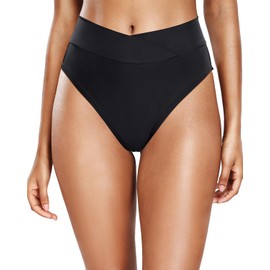 Tempt Me Women's High Waisted Bikini Bottom Crossover V Cut Bathing Suit Swim Bottom, Black, 22 Plus