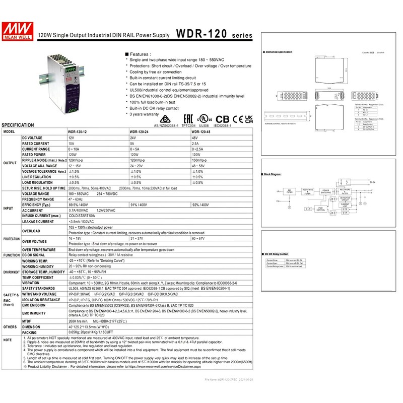 TorqCali WDR-120-24 24V DIN Rail Power Supply 120W for Industrial