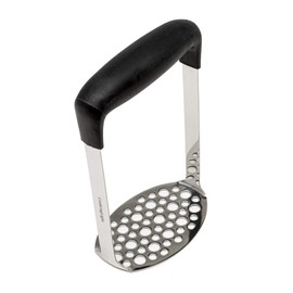 Cooking Light Heavy Duty Stainless Steel Masher, Broad and Ergonomic Horizontal, Fine Plate for Smooth Mashed Potatoes, Soft Grip and Non-Slip Handle, Black