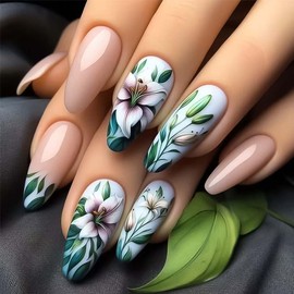 Flower Press On Nails Almond Fake Nails Medium False Nails With Design Nude Acrylic Nails Full Cover Artificial Nails Glossy Spring Glue On Nails Stick On Nails For Women Manicure 24pcs