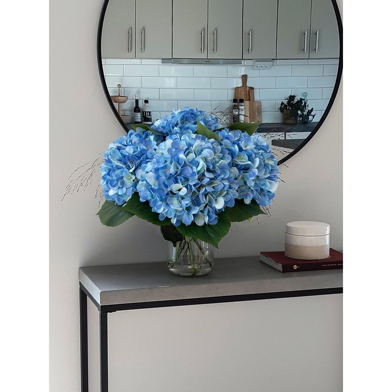 YalzoneMet 4Pcs Blue Silk Hydrangea Artificial Flower Lifelike Big Blooms