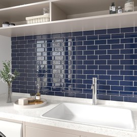 CHIHUT 16 Sheets Navy Blue Glossy Subway Peel and Stick Backsplash Tiles 12''x12'' Waterproof Self Adhesive Peel and Stick Tile for Backsplash Fireplace Surround 3D Removable Stick on Wall Tiles