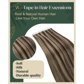 Ugeat Tape in Extensions Human Hair Dark Brown Tape in Hair Extensions Dark Brown Highlight Caramel Brown Human Hair Extensions Invisible Remy Hair Extensions for Women 18 Inch 20pcs 50G