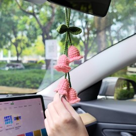 Car Decorations Handmade Crochet Wind Chime Flower Car Pendant Rear View Mirror Accessories Crochet Hobbyist Car Interior Aesthetics(Pink)