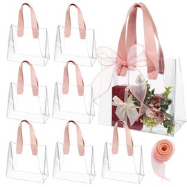 Liobelon 8 Pieces Clear Gift Bags with Handles, Transparent PVC Gift Bag with Sheer Ribbon Reusable Goodie Bags Small Gift Bag for Wedding, Birthday, Bridal Party, Baby Shower (7 x 8 x 4 Inch, Pink)