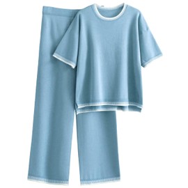 TBETNE Women’s 2 Piece Outfits Short Sleeve Sweater Lounge Sets Knit Pullover Wide Leg Pants Comfy Pajamas Set(Blue, X-Large)