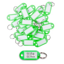 WINTEX Key Ring with Tags - 100 pcs - Heavy Duty Plastic Fobs with Labels - Coloured Key Chain Rings for Organising, Travelling, or Pets - Green…