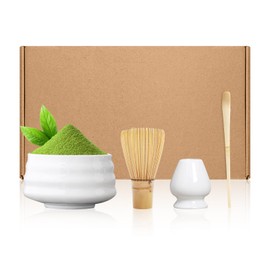 CHEHILL Juego de 5 Batidor de Matcha y Tazón, Kit de Matcha Include Batidor y Soporte, Cuchara de Bambú y Tazón (Blanco)