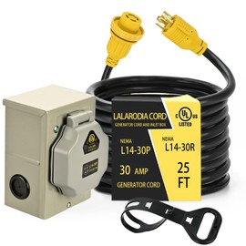 30 Amp 4 Prong 25 FT Generator Cable and Power Inlet Box (Pre-Drilled) Waterproof Kit, L14 30p Generator 10 Gauge Extension Cord to L14-30R Twist Lock Cord Plug for Outdoor Use,125/250V Up to 7500W