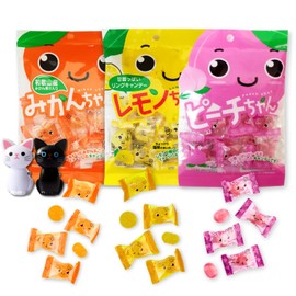 UMAYA - Kawaguchi Fruit Candies - Japanese Fruit-Flavored Hard Candy 3 Pack Bundle With A Cute Cat Snack Bag Clip - Includes One 9oz (100g) Pack Of Each Flavor - Lemon Chan, Peach Chan, Mikan Chan