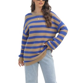 GUNEST Women Blue Striped Sweater Oversized Long Sleeve Crew Neck Ribbed Knit 2024 Pullover Sweater Tops for Fall Winter