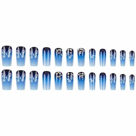 MISUD Press on Nails - Long Square Fake Nails with Blue Ombre, Acrylic Butterfly Design 24 pcs