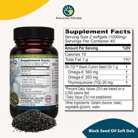 Amazing Herbs Premium Black Seed Oil Capsules - Gluten Free, Non GMO, Cold Pressed Nigella Sativa Aids in Digestive Health, Immune Support, Brain Function - 90 Count, 500mg (Pack of 2)