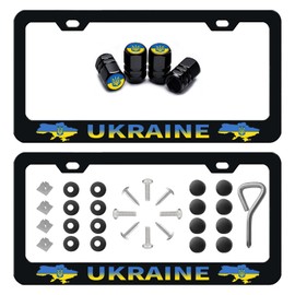 2 Pack Ukraine Flag License Plate Frames Holder 2 Hole Quality Aluminum Alloy Universal License Plate Holder Frame with Screw Caps Cover and Car Tire Valve Stem Caps. (Ukraine Flag)
