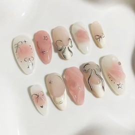 WAFOLOZE Nails Press on, Almond Press on Nails Medium Girls Fake Nails with White French Tip & Bow Design, Acrylic Artificial False Nails Press Ons Glue on Nails For Women