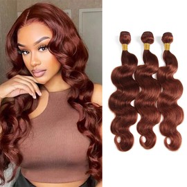 QEUOPE Auburn Body Wave Human Hair Color 33 Reddish Brown Wet and Wavy Bundles Double Weft Brazilian Copper Red Hair Extensions Silky and Soft for Women (30 32 34 inch 3 Bundles)
