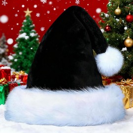Ankelesz Black Santa Hat for Kids Christmas, Plush Xmas Party Velvet Classic Fur Santa Claus Outfit