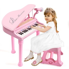 Conomus 31 Keys Piano Keyboard Toy for Kids, Birthday Gift for 1 2 Year Old Girls，Pink Musical Piano Toy for Toddlers with Microphone and Stool